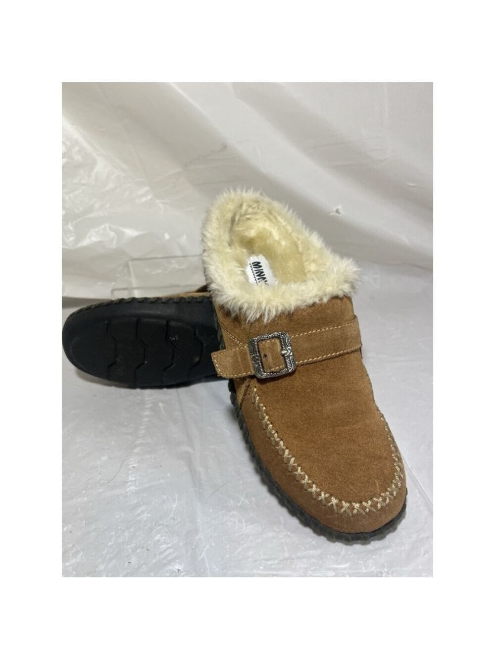 Minnetonka suede Leather Clogs Mules Brown Slip On Shoes size 6 shearling